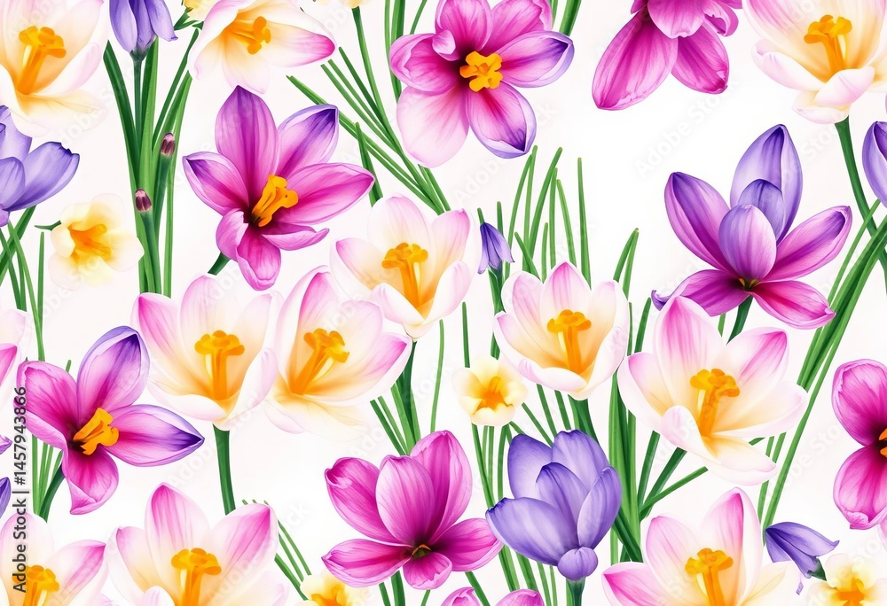 Fototapeta premium Delicate watercolor crocus blossoms in a seamless spring floral pattern on a soft background, watercolor flowers, design