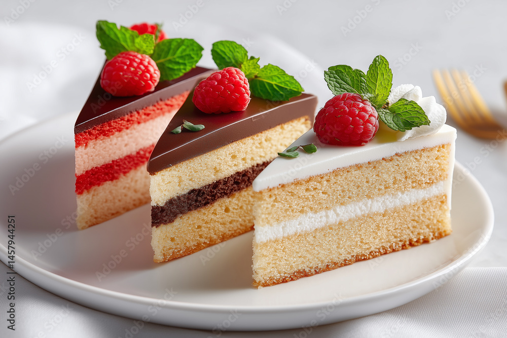 Trio of cake slices including chocolate berry and vanilla adorned with mint leaves. Minimalist arrangement on clean white backdrop. Concept of bakeries, cafes, dessert shops Trio of cake slices including chocolate berry and vanilla adorned with mint leaves. Minimalist arrangement on clean white backdrop. Concept of bakeries, cafes, dessert shops
