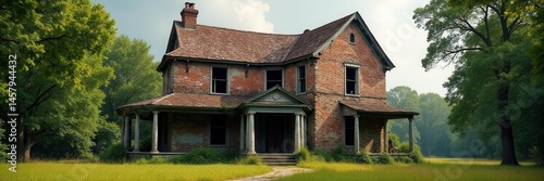 Weathered antebellum mansion, crumbling facade , landscape, house