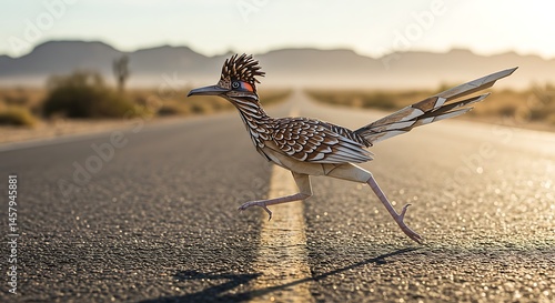 Greater Roadrunner Crossing Desert Highway at Sunrise