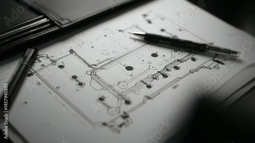Technical blueprint design on a table top.