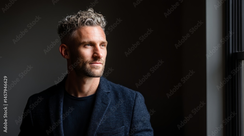 Obraz premium Young executive in navy blazer exudes confidence, professionalism in headshot. Modern leadership poised for success. 