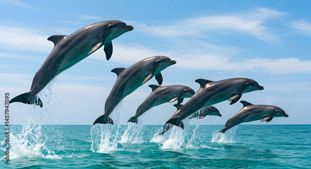 Fototapeta premium Dolphins Leaping Joyfully from Turquoise Water on a Sunny Day Under Fluffy White Clouds in the Tropical Ocean