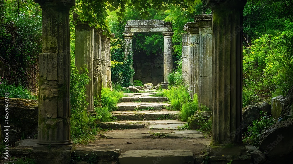 Naklejka premium Ancient Stone Ruins Pathway Overgrown with Lush Greenery