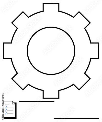 Gear representing mechanisms paired with a checklist symbolizing task management, organization, and planning. Ideal for workflow, productivity, development, strategy, business, teamwork simple