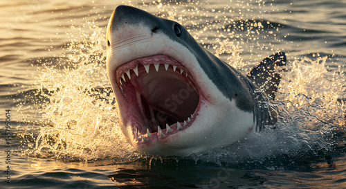 Great White Shark Breaching Water with Open Jaws Showing Sharp Teeth under Golden Sunset Lighting Style in Blue Ocean