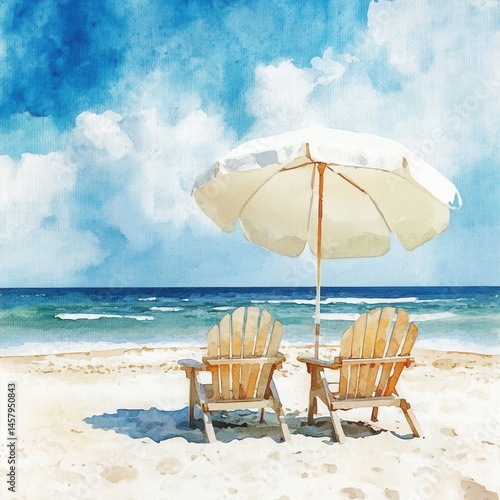 Serene beach scene watercolor painting of two Adirondack chairs under umbrella on sandy shore with ocean view