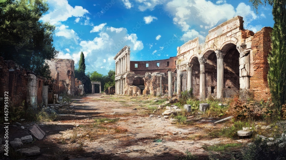 Fototapeta premium Ancient ruins pathway daylight overgrown vegetation red brick white columns aged texture history concept