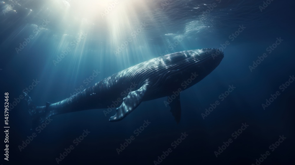 Fototapeta premium Majestic underwater whale bathed in sunlight.
