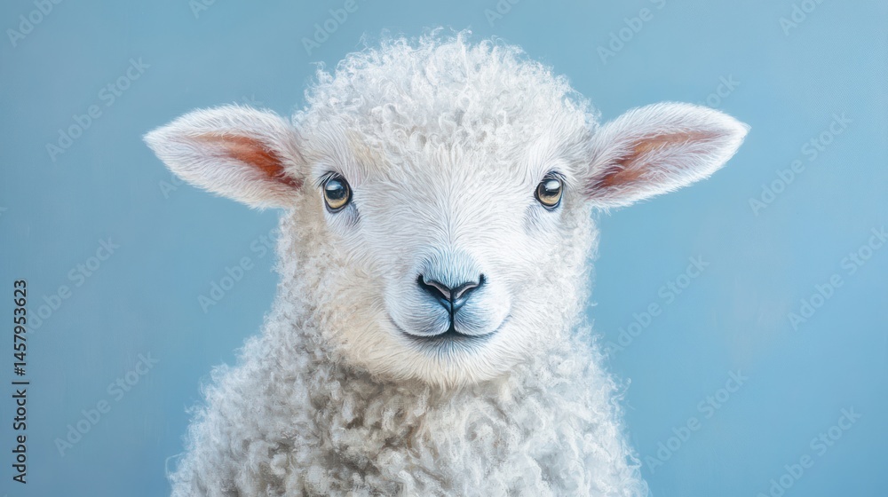 Fototapeta premium Captivating portrait of a fluffy white lamb against a tranquil blue background