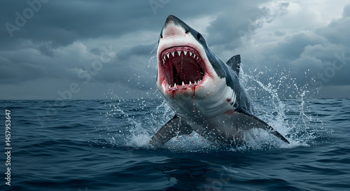 Great White Shark Leaps from Dark Blue Ocean with Open Mouth and Sharp Teeth Under Cloudy Skies