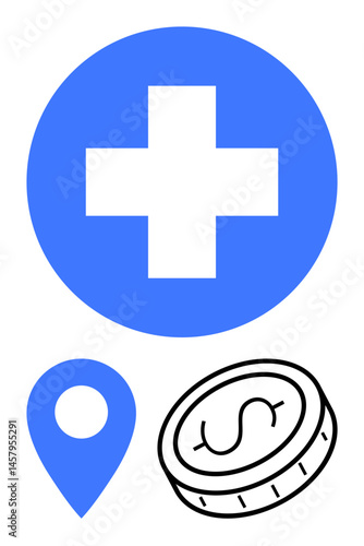 Blue cross in a circle, map pin marker, and coin element emphasizing healthcare service access, cost, and geographic context. Ideal for locational finance, medical direction, insurance