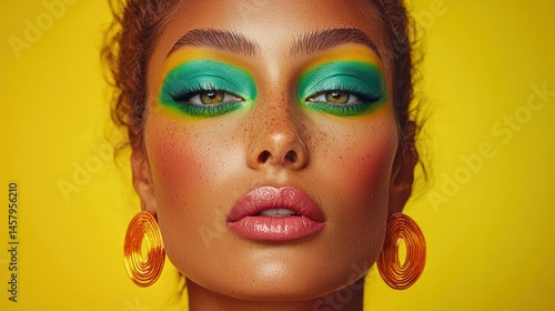 Vibrant visage featuring artistic makeup and luminous accessories on yellow background