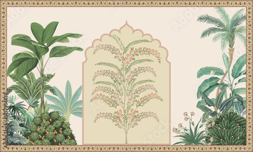Mughal Invitation Card Design, Mughal garden Illustration, Mughal Wall Mural.