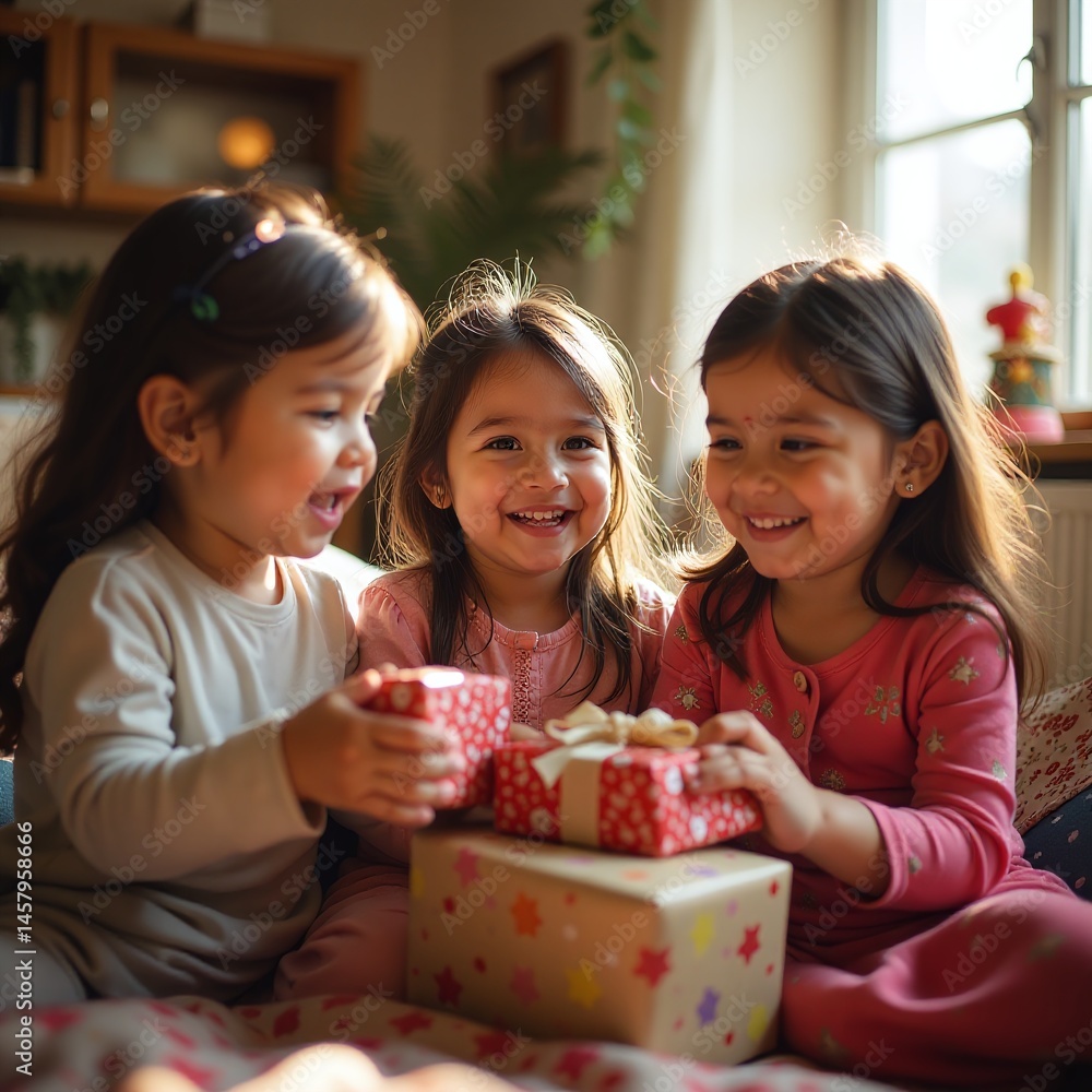 Eid al-Adha joy, Children receiving gifts, happy faces, cultural and festive tradition Eid al-Adha joy, Children receiving gifts, happy faces, cultural and festive tradition