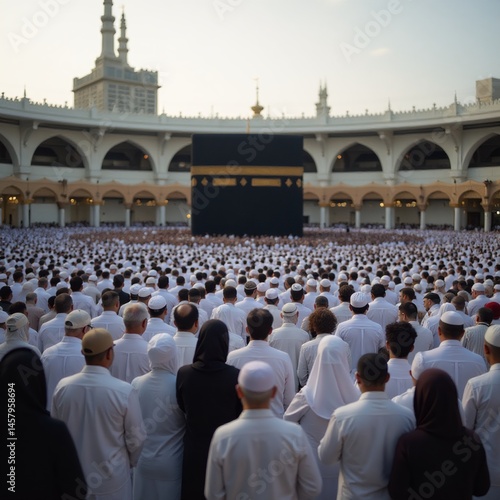 Muslims praying together in Mecca during Eid al-Adha, sacred Islamic ceremony showing spiritual devotion, large congregation in holy pilgrimage, unity and faith during Hajj at Masjid al-Haram