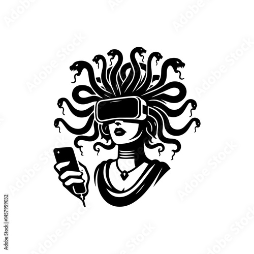Captivating Medusa with VR Headset Logo Vector Art Illustrating Myth Meets Modern Technology