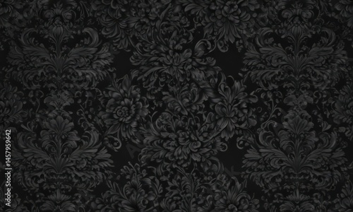Seamless black damask; ornate floral & vine pattern , decor, monochrome