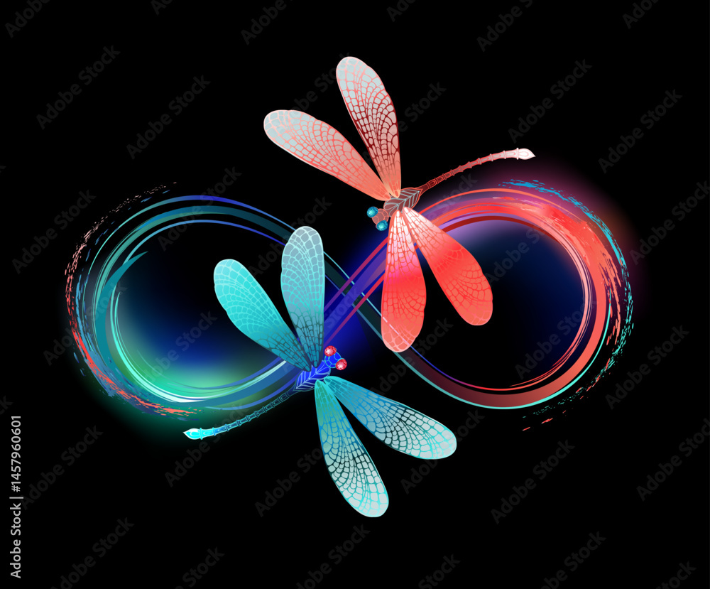 Fototapeta premium Infinity with glowing dragonflies