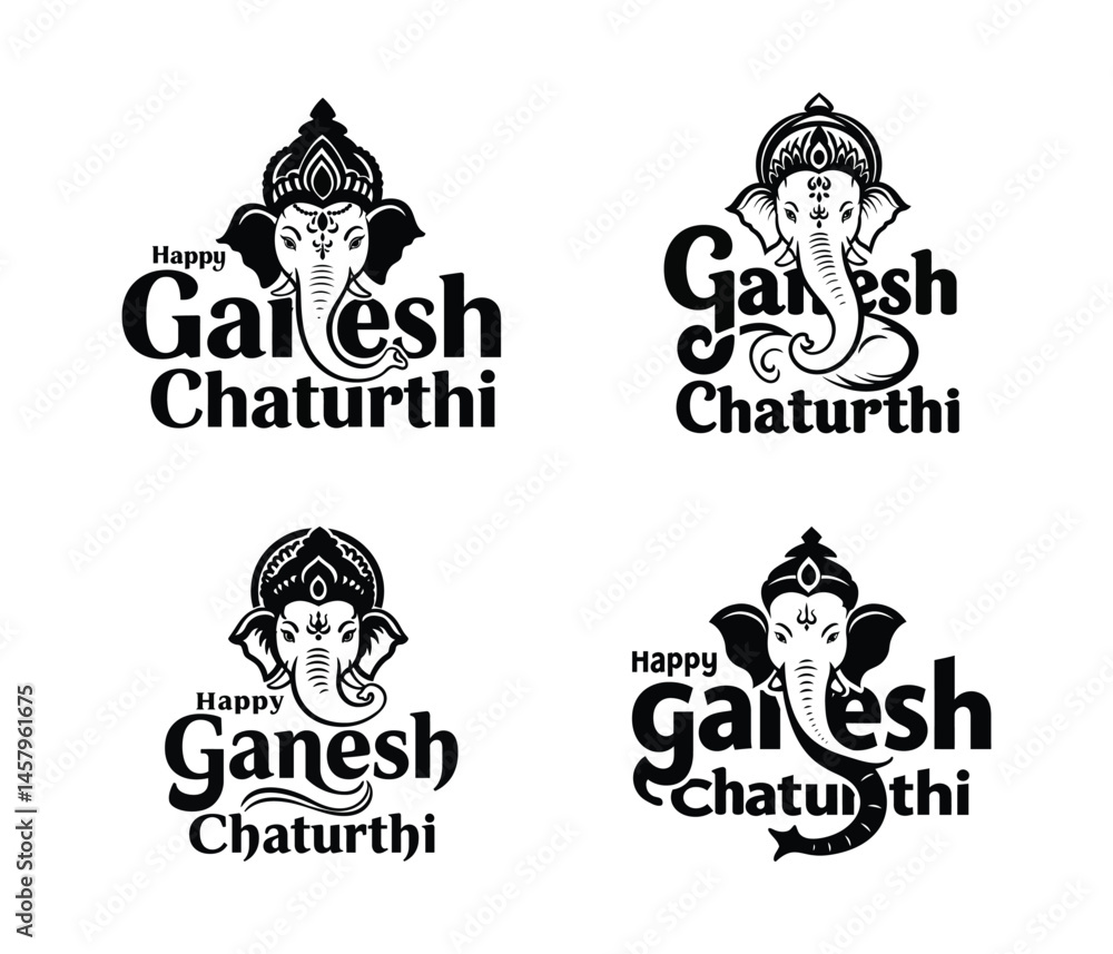 Fototapeta premium Ganesh Chaturthi Typography Bundle | 4 Ganesh Typography Designs | Hindu Festival Vector Art Pack on white background.