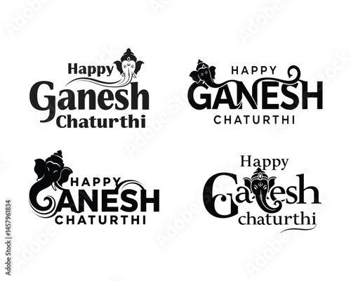 Ganesh Chaturthi Typography Bundle  | 4 Ganesh Typography  Designs | Hindu Festival Vector Art Pack on white background.