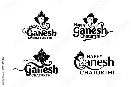 Ganesh Chaturthi Typography Bundle  | 4 Ganesh Typography  Designs | Hindu Festival Vector Art Pack on white background.