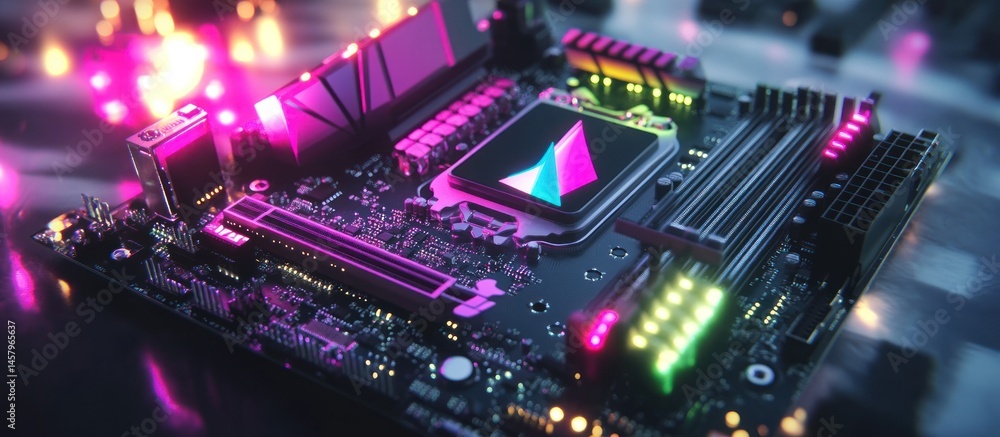Fototapeta premium High-Tech Motherboard with Neon Lights and Reflections for Gaming PC