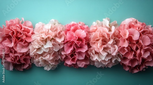 Elegant arrangement of pink hydrangea blossoms against turquoise backdrop