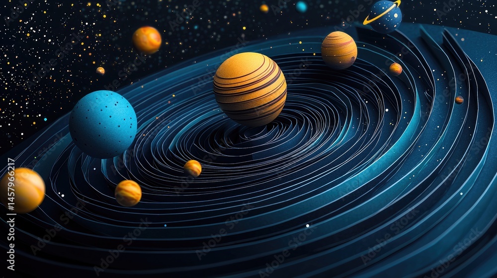 Fototapeta premium Colorful planets in a swirling cosmic vortex.