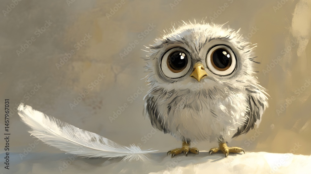 Fototapeta premium Fluffy, expressive owl illustration with soft lighting.