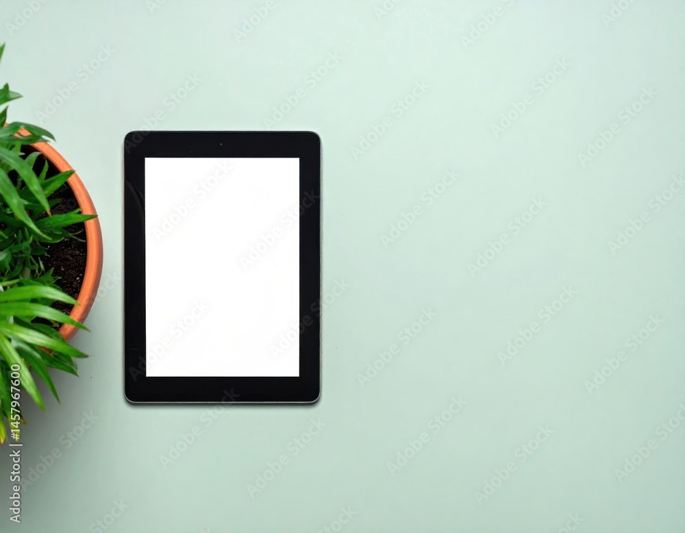 Fototapeta premium A digital tablet with a blank screen sits beside a potted green plant on a light pastel surface.