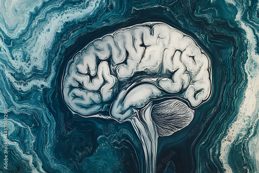 Obraz premium Abstract illustration of a human brain on a fluid background.