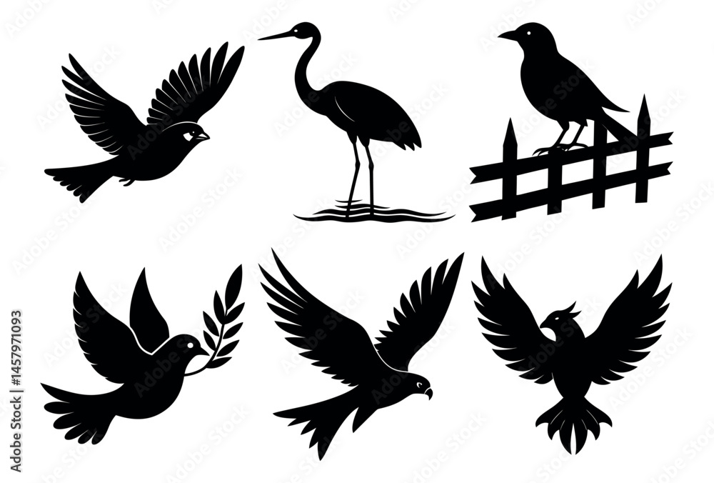 Fototapeta premium Creative Flying Bird Silhouette Vector Collection on White Background Bundle of 6 Birds | Unique Vector Animals in Motion