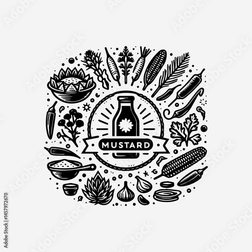 Detailed monochrome vector drawing of garlic cloves spices seeds and medicine bottle representing natural organic nutrition