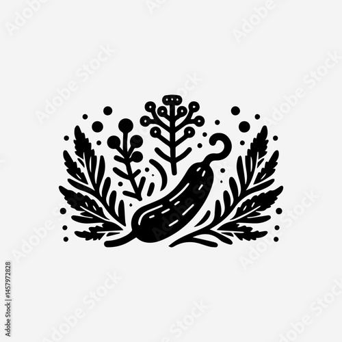 Detailed monochrome vector drawing of garlic cloves spices seeds and medicine bottle representing natural organic nutrition