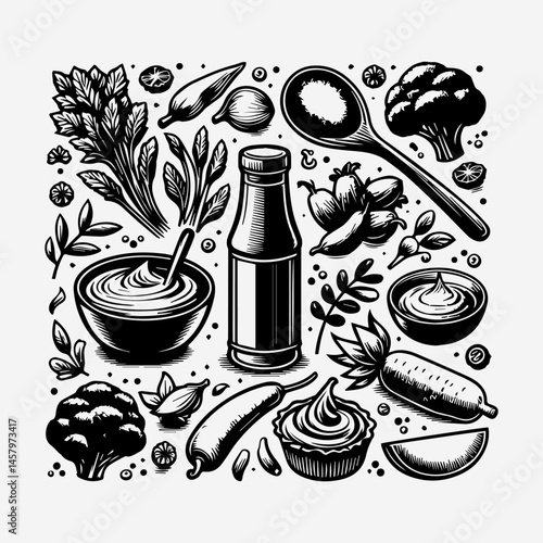 Monochromatic vector artwork depicting garlic herbs seeds spice and a medicinal bottle for holistic organic health