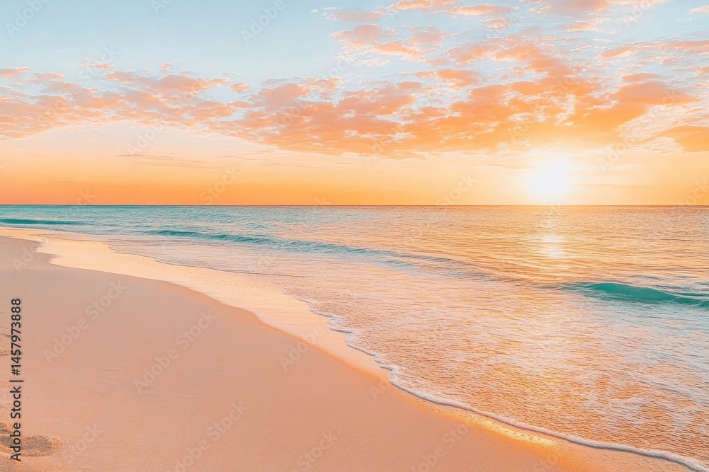 Obraz premium Serene Beach Scape with Turquoise Ocean Waves Under Peach Sky at Sunset