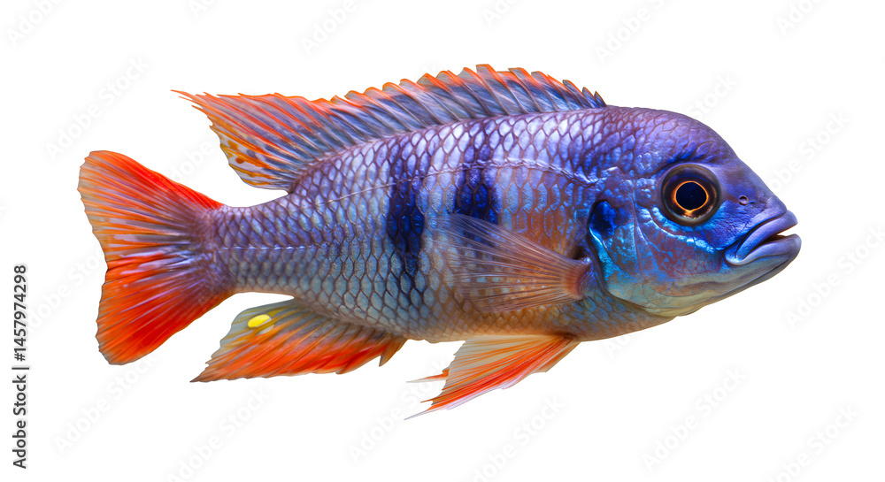 Fototapeta premium Close Up Blue and Orange Malawi Cichlid Fish with Black Stripes Isolated on White Background