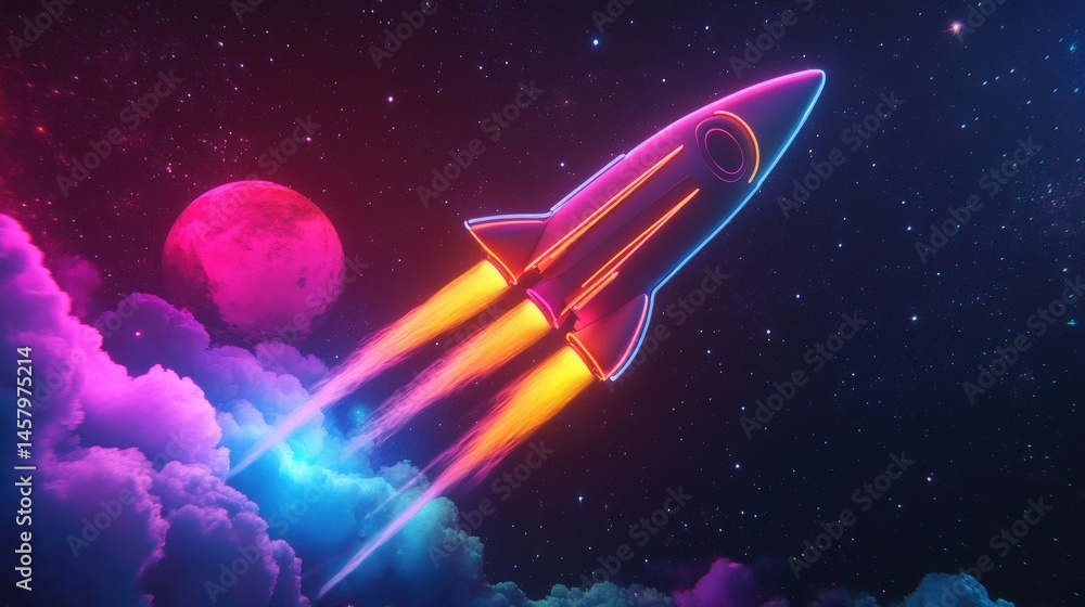 Naklejka premium Futuristic Rocket Soaring Through Neon Clouds and Cosmic Skies in Vibrant Glow