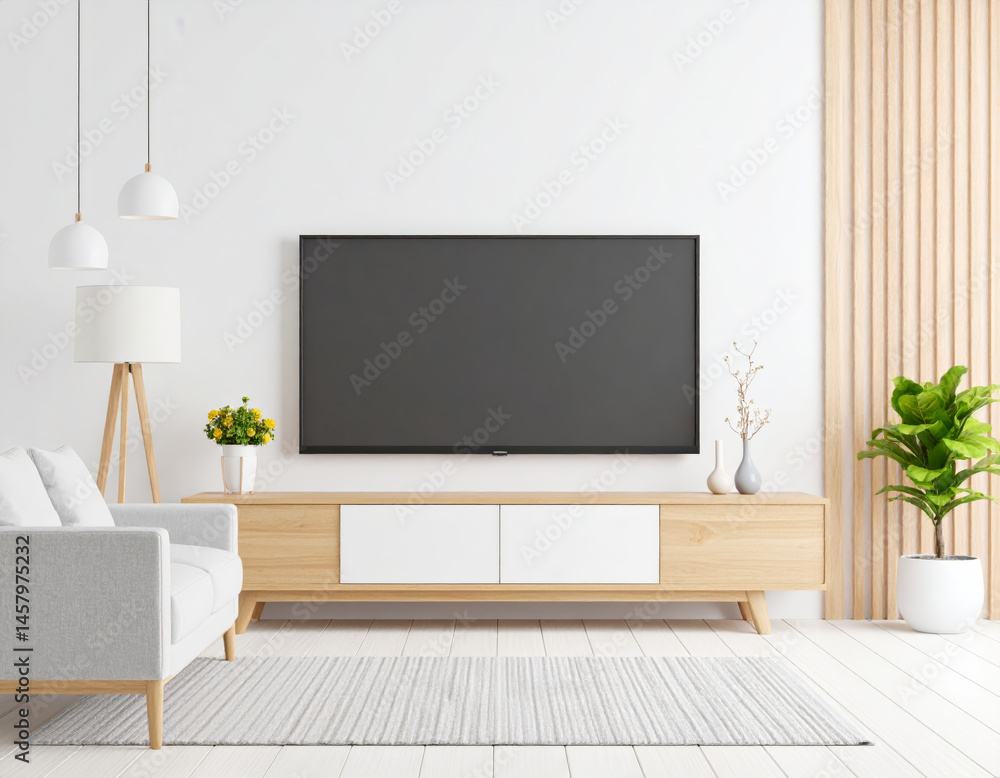 Fototapeta modern living room featuring sleek television mounted on light wall, complemented by stylish wooden cabinet, cozy sofa, and decorative plants, creating serene atmosphere
