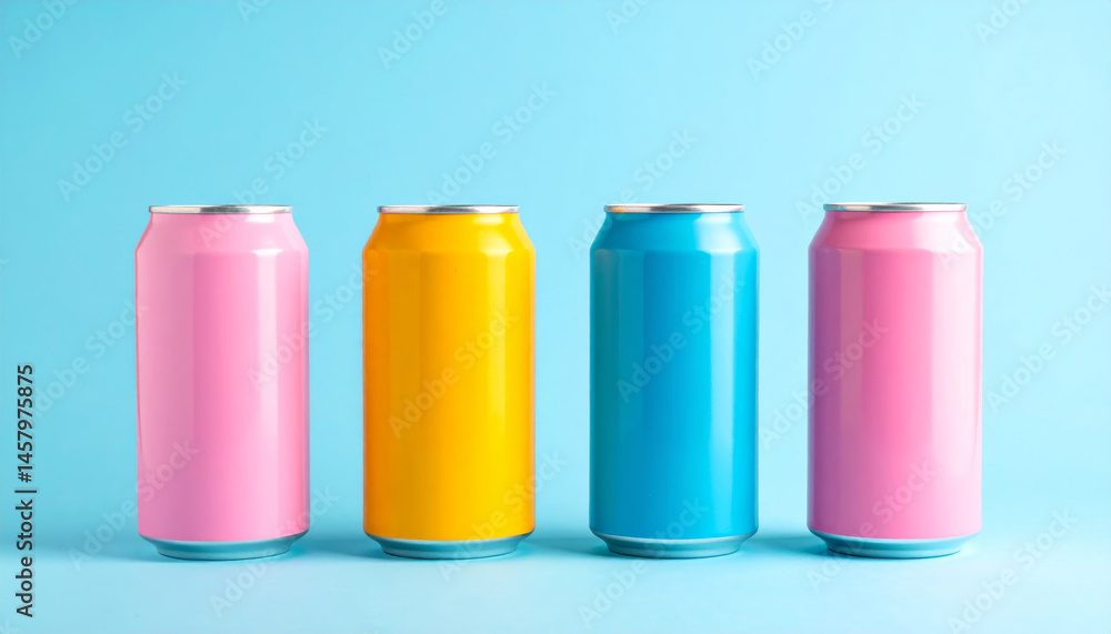 Bright and colorful beverage cans in pink, yellow, and blue are displayed against light blue background, creating cheerful and minimalist aesthetic that evokes sense of fun and refreshment Bright and colorful beverage cans in pink, yellow, and blue are displayed against light blue background, creating cheerful and minimalist aesthetic that evokes sense of fun and refreshment