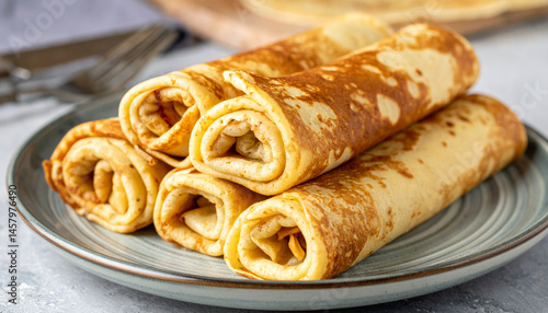 Delicious golden brown crepes rolled and stacked neatly on plate, showcasing their soft texture and appetizing appearance. Perfect for breakfast or dessert, these crepes are sure to delight