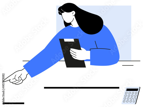 Confident woman holding clipboard, pointing decisively while sitting at desk. Calculator placed on desk. Ideal for team decision-making, office dynamics, leadership, analysis, consultancy, goal