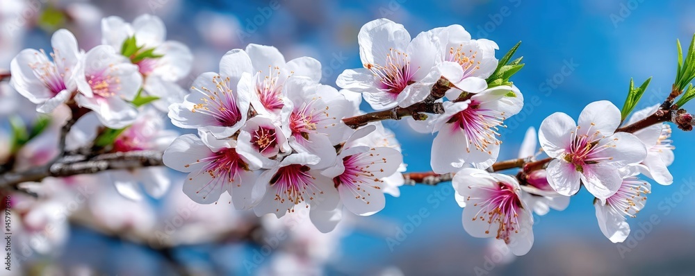 Blossoming apricot tree branches beneath beautiful sky with sunlight concept. Delicate cherry blossoms in full bloom against a bright blue sky. Blossoming apricot tree branches beneath beautiful sky with sunlight concept. Delicate cherry blossoms in full bloom against a bright blue sky.