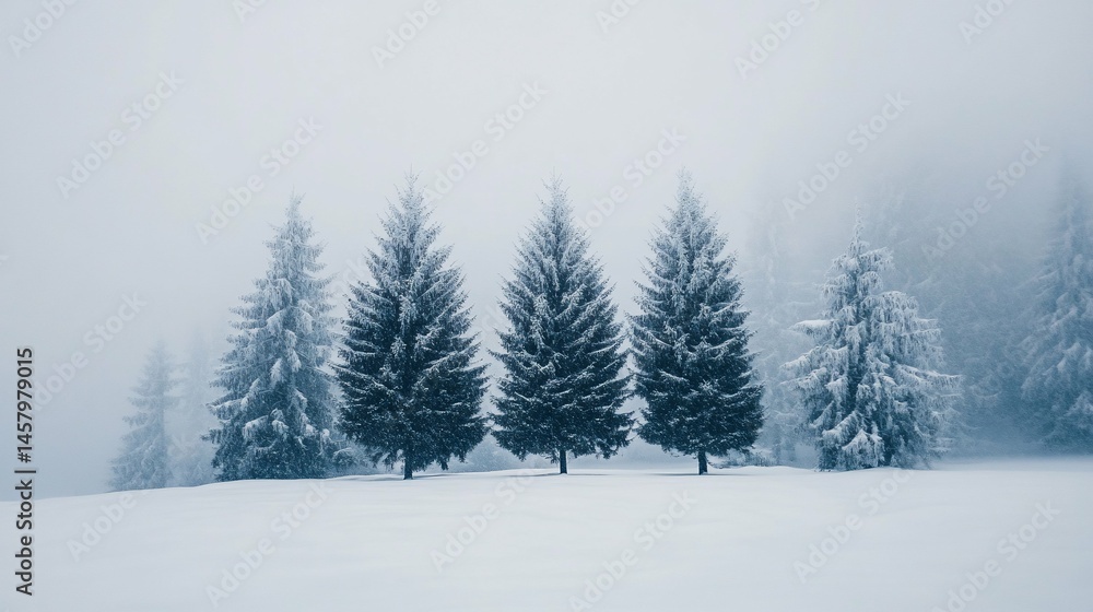 Fototapeta premium Snowy Sentinels Fir Trees in Winters Embrace