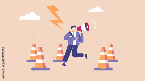 Urgent announcement Businessman runs megaphone in hand amidst traffic cones and lightning conveying