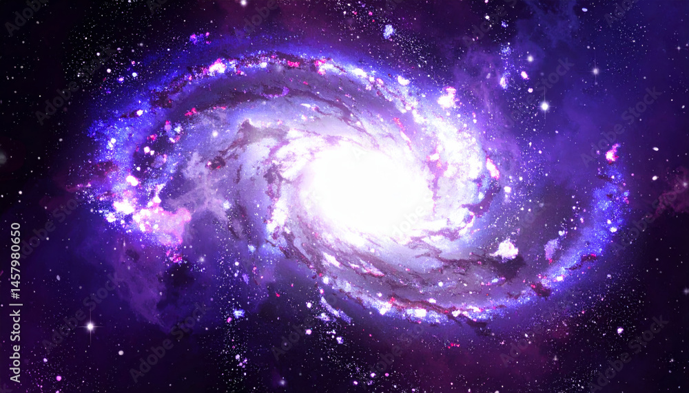 Fototapeta premium stunning illustration of spiral galaxy, showcasing vibrant colors of purple, blue, and white, with stars scattered throughout cosmic scene, evoking sense of wonder and beauty