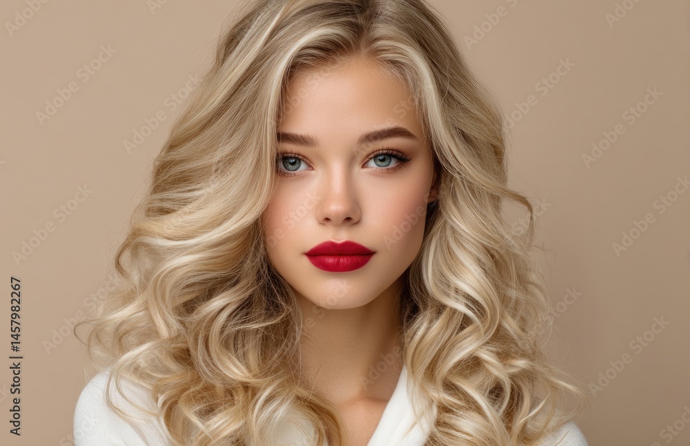 A beautiful blonde woman with long, curly hair in a white dress, perfect skin, and flawless makeup poses against a beige background. A beautiful blonde woman with long, curly hair in a white dress, perfect skin, and flawless makeup poses against a beige background.