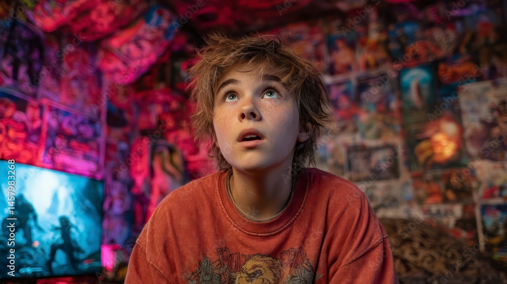 A young individual in a vibrant room filled with colorful posters and gaming setup expressing A young individual in a vibrant room filled with colorful posters and gaming setup expressing
