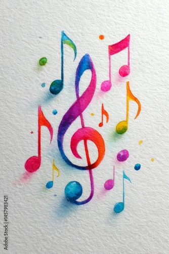 A colorful watercolor illustration of a treble clef surrounded by vibrant musical notes in various colors on a textured white background.